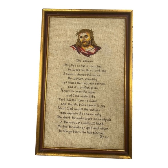 Vintage Framed Embroidery “The Weaver” Poem with Christ Portrait - Picture 5 of 10